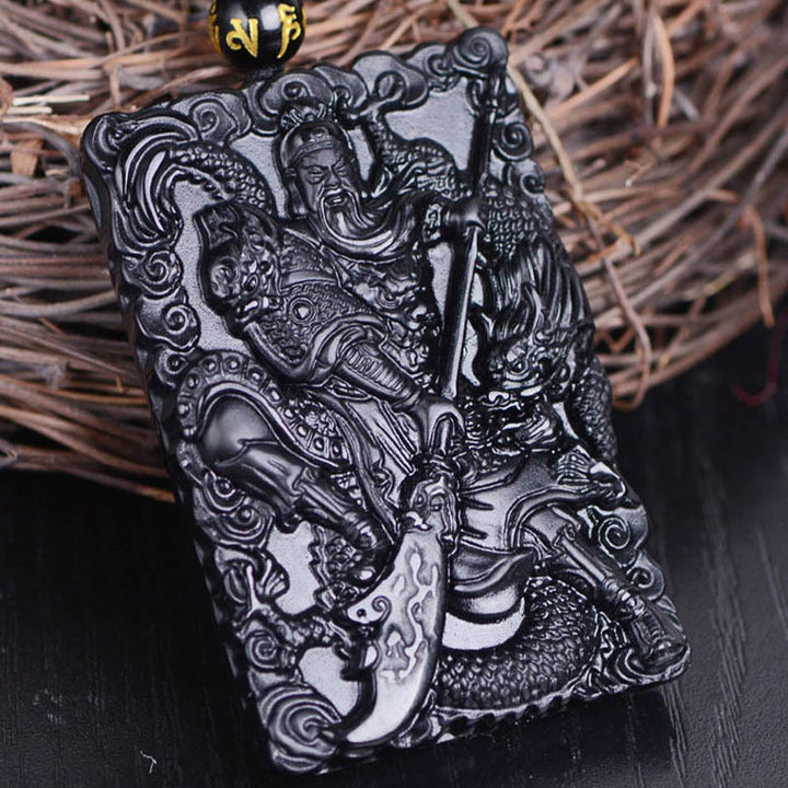 Buddha Stones Halskettenanhänger aus schwarzem Obsidian mit Guan-Gong-Amulett und Gravur – Symbol der Stärke - image 7