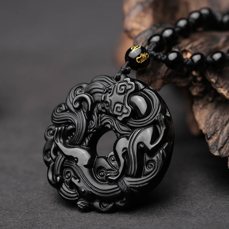 Buddha Stones Friedensschnalle aus schwarzem Obsidian, Pixiu-Reinigungskette-Anhänger - image 1