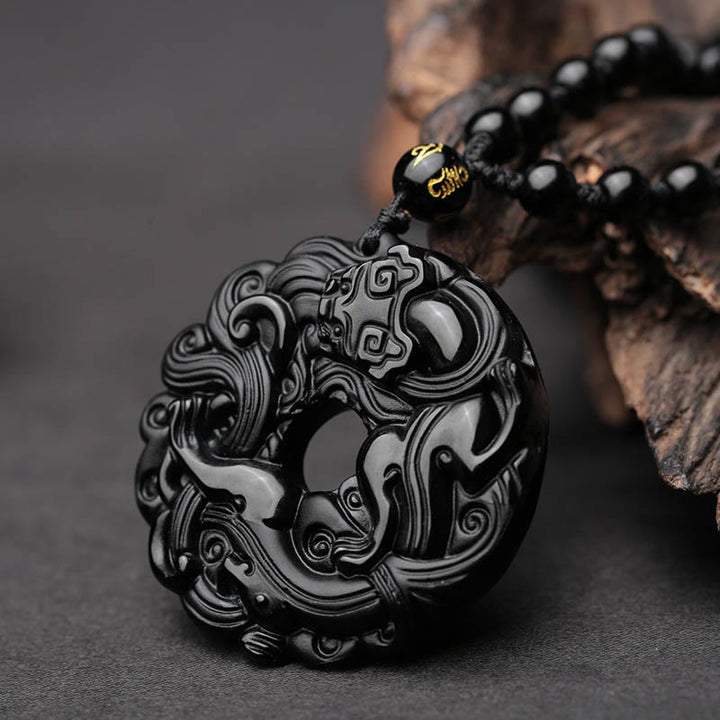 Buddha Stones Friedensschnalle aus schwarzem Obsidian, Pixiu-Reinigungskette-Anhänger - image 1