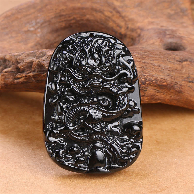 Buddha Stones Halskettenanhänger mit Drachenmotiv aus schwarzem Obsidian – Glücksbringer - image 1