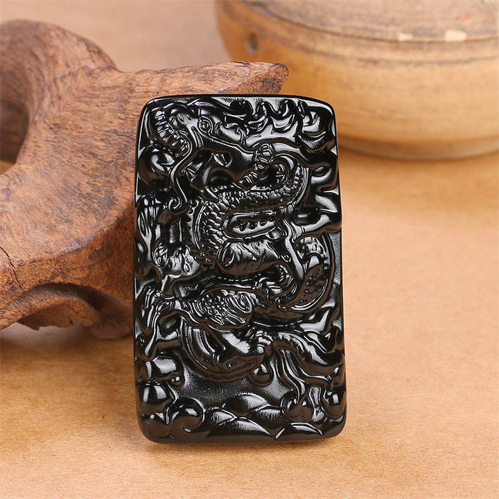 Buddha Stones Rechteckiger Drachenanhänger aus natürlichem schwarzem Obsidian mit Gravur – ein Symbol für Erfolg an einer Halskette - image 2