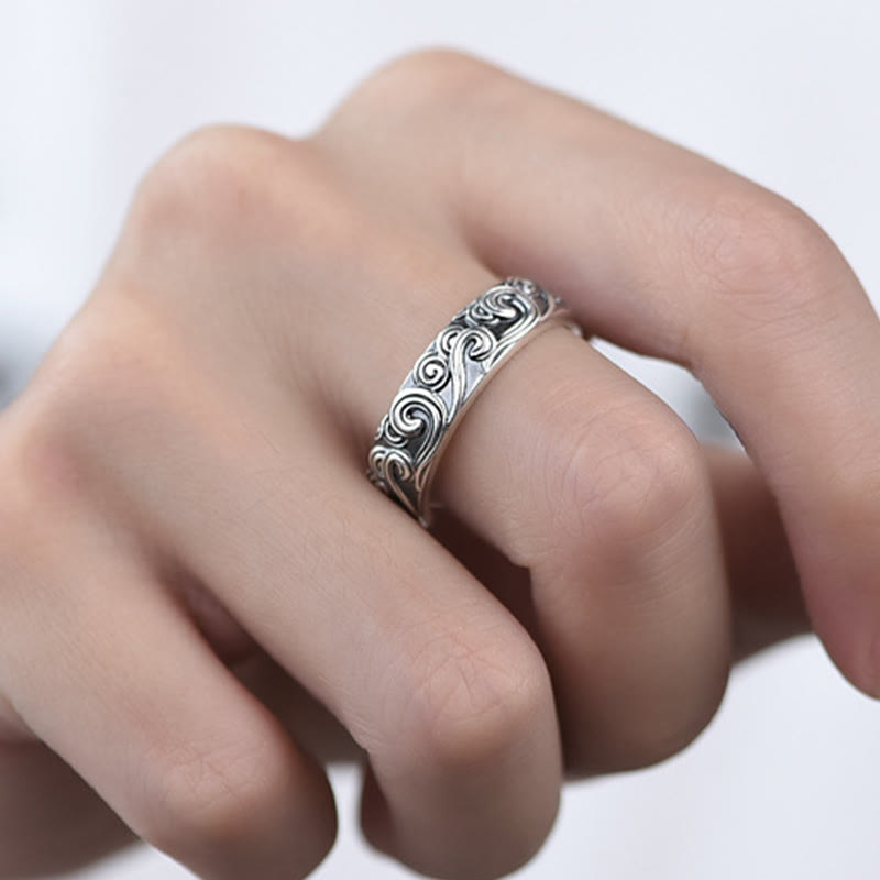 Buddha Stones Verstellbarer Ring aus 999er Sterlingsilber mit eingravierten Glückswolken und Segenswunsch - image 8