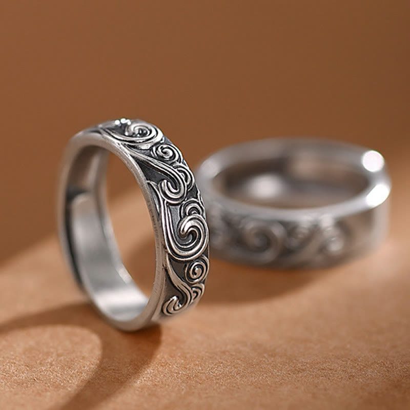 Buddha Stones Verstellbarer Ring aus 999er Sterlingsilber mit eingravierten Glückswolken und Segenswunsch - image 0