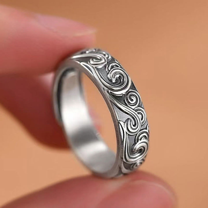 Buddha Stones Verstellbarer Ring aus 999er Sterlingsilber mit eingravierten Glückswolken und Segenswunsch - image 3