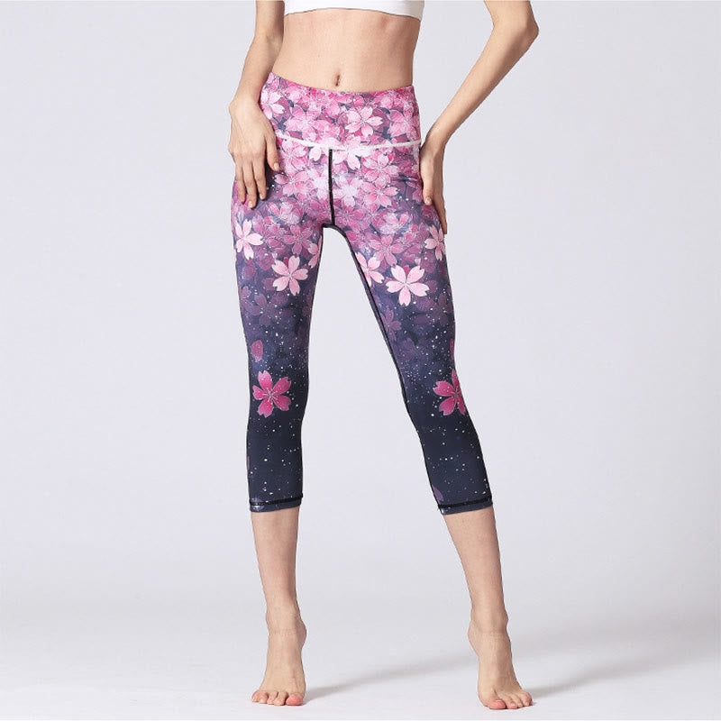 Buddha Stones Kirschblüten Sakura Linien Print Sport Yoga Cropped Leggings Damen Yoga Capri Hosen