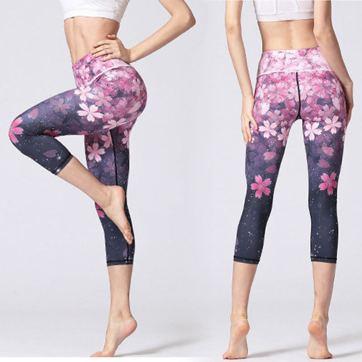 Buddha Stones Kirschblüten Sakura Linien Print Sport Yoga Cropped Leggings Damen Yoga Capri Hosen