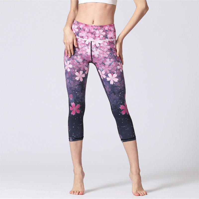 Buddha Stones Kirschblüten Sakura Linien Print Sport Yoga Cropped Leggings Damen Yoga Capri Hosen - image 1