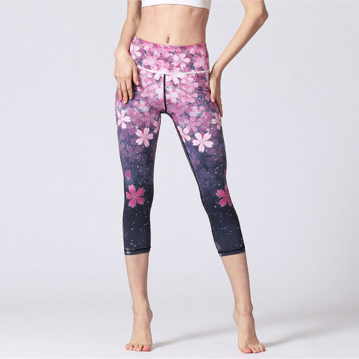 Buddha Stones, Kirschblüten, Sakura-Linien-Print, Sport-Yoga-Leggings, kurze Leggings, Damen-Yoga-Caprihose - image 1