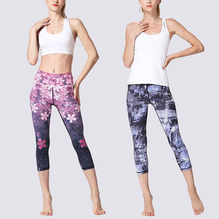 Buddha Stones Kirschblüten Sakura Linien Print Sport Yoga Cropped Leggings Damen Yoga Capri Hosen