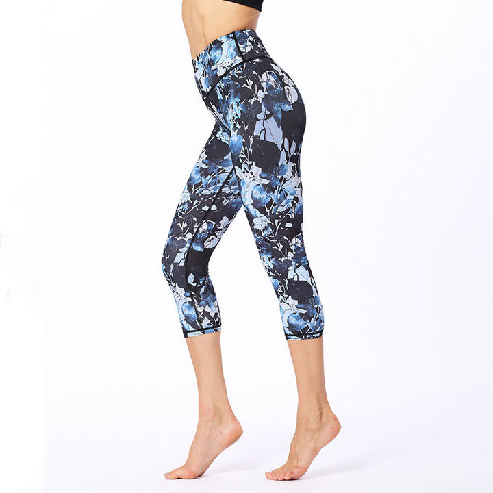 Buddha Stones Leggings mit Blätter- und Schmetterlingsmuster, kurze Sport-Yoga-Leggings, Damen-Yoga-Caprihose - image 1