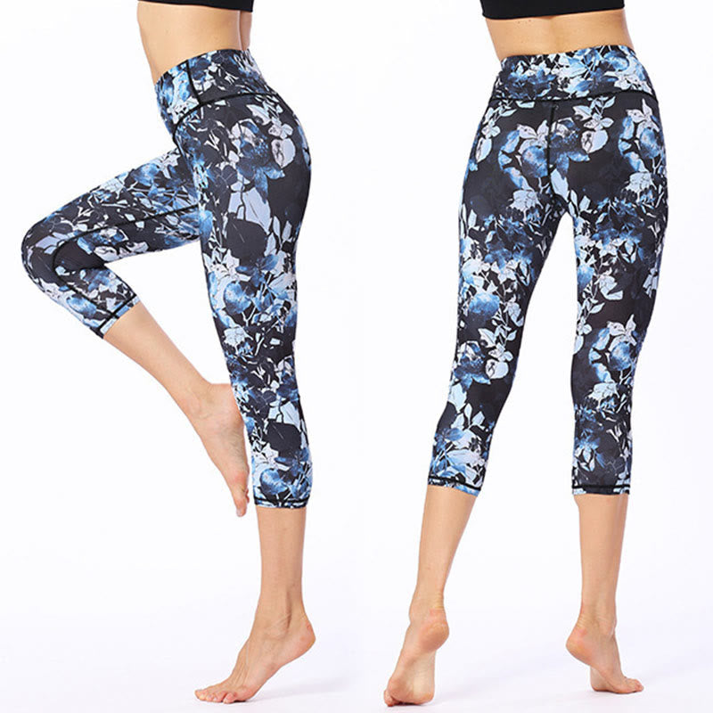 Buddha Stones Leggings mit Blätter- und Schmetterlingsmuster, kurze Sport-Yoga-Leggings, Damen-Yoga-Caprihose - Kornblumenblau - US 8-10, UK/AU 12-14, EU 40-42 (XL) - image 0