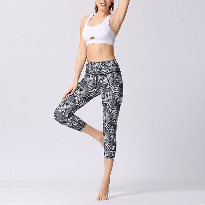 Buddha Stones Leggings mit Blätter- und Schmetterlingsmuster, kurze Sport-Yoga-Leggings, Damen-Yoga-Caprihose - image 17