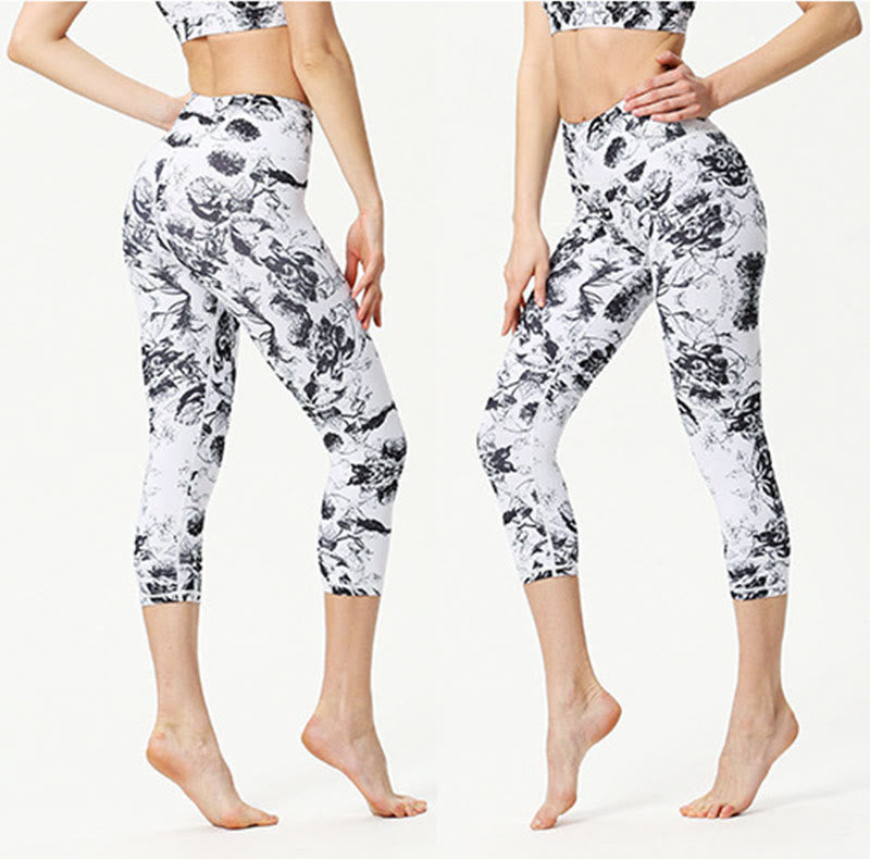 Buddha Stones Leggings mit Blätter- und Schmetterlingsmuster, kurze Sport-Yoga-Leggings, Damen-Yoga-Caprihose - image 8