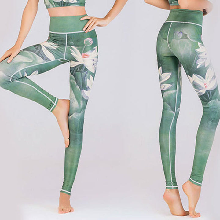 Buddha Stones Lotus Kirschblüte Farbverlauf Pfauendruck Lycra Stoff Fitness Leggings Damen Yogahose