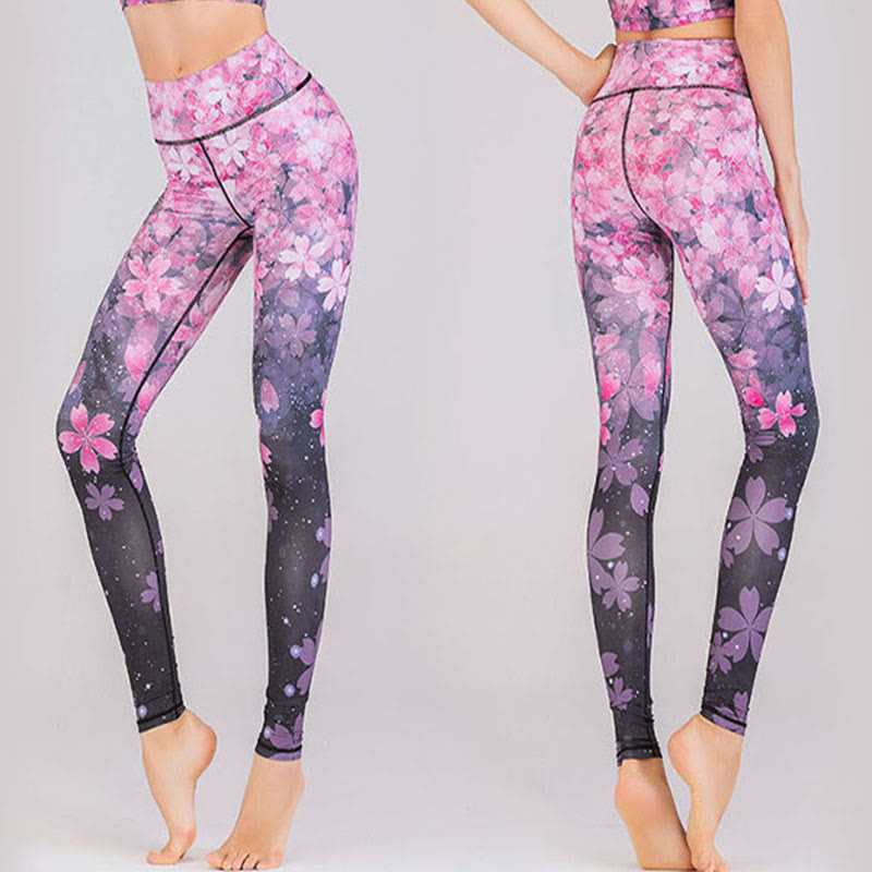 Buddha Stones Lotus Kirschblüte Farbverlauf Pfauendruck Lycra Stoff Fitness Leggings Damen Yogahose