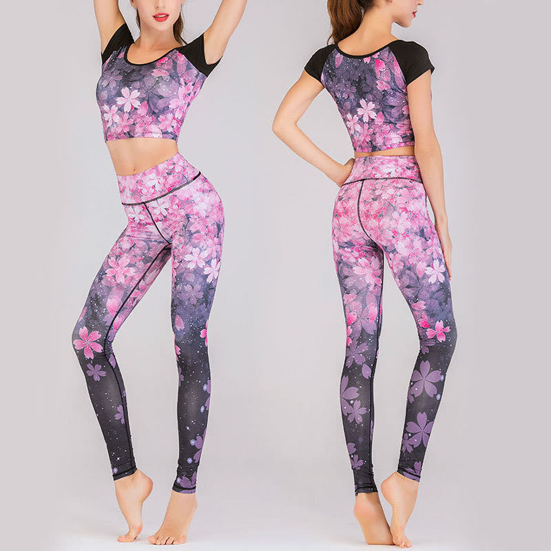 Buddha Stones Lotus Kirschblüte Farbverlauf Pfauendruck Lycra Stoff Fitness Leggings Damen Yogahose