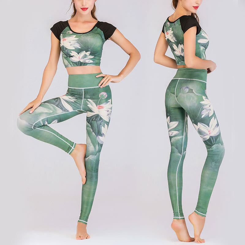 Buddha Stones Lotus Kirschblüte Farbverlauf Pfauendruck Lycra Stoff Fitness Leggings Damen Yogahose