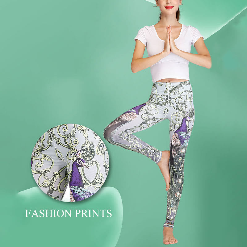 Buddha Stones Lotus Kirschblüte Farbverlauf Pfauendruck Lycra Stoff Fitness Leggings Damen Yogahose