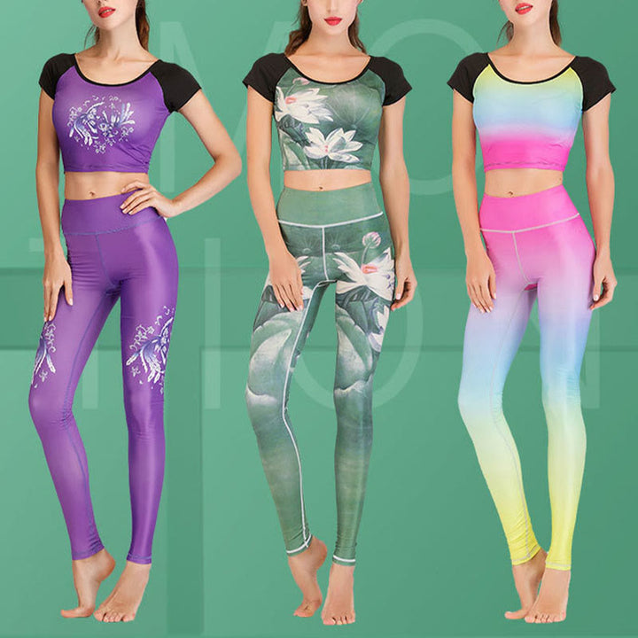 Buddha Stones Lotus Kirschblüte Farbverlauf Pfauendruck Lycra Stoff Fitness Leggings Damen Yogahose