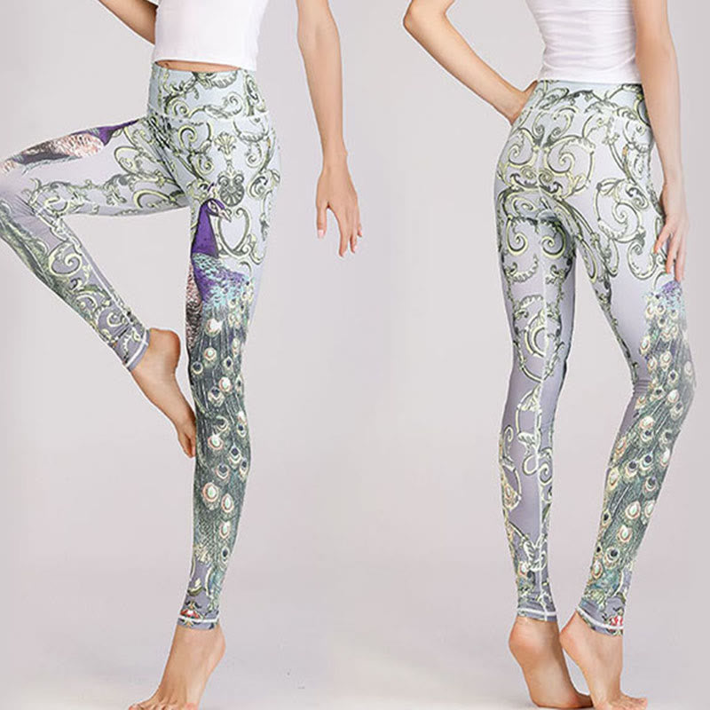 Buddha Stones Lotus Kirschblüte Farbverlauf Pfauendruck Lycra Stoff Fitness Leggings Damen Yogahose