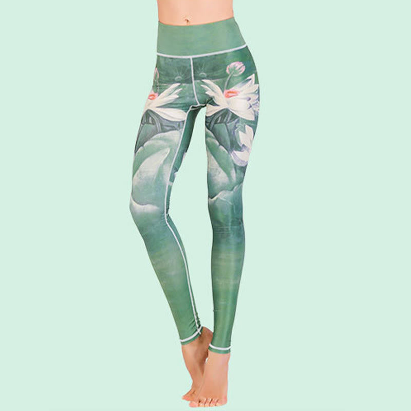 Buddha Stones Lotus Kirschblüte Farbverlauf Pfauendruck Lycra Stoff Fitness Leggings Damen Yogahose