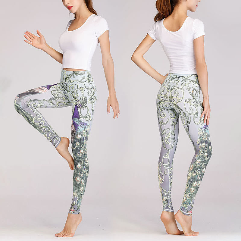 Buddha Stones Lotus Kirschblüte Farbverlauf Pfauendruck Lycra Stoff Fitness Leggings Damen Yogahose