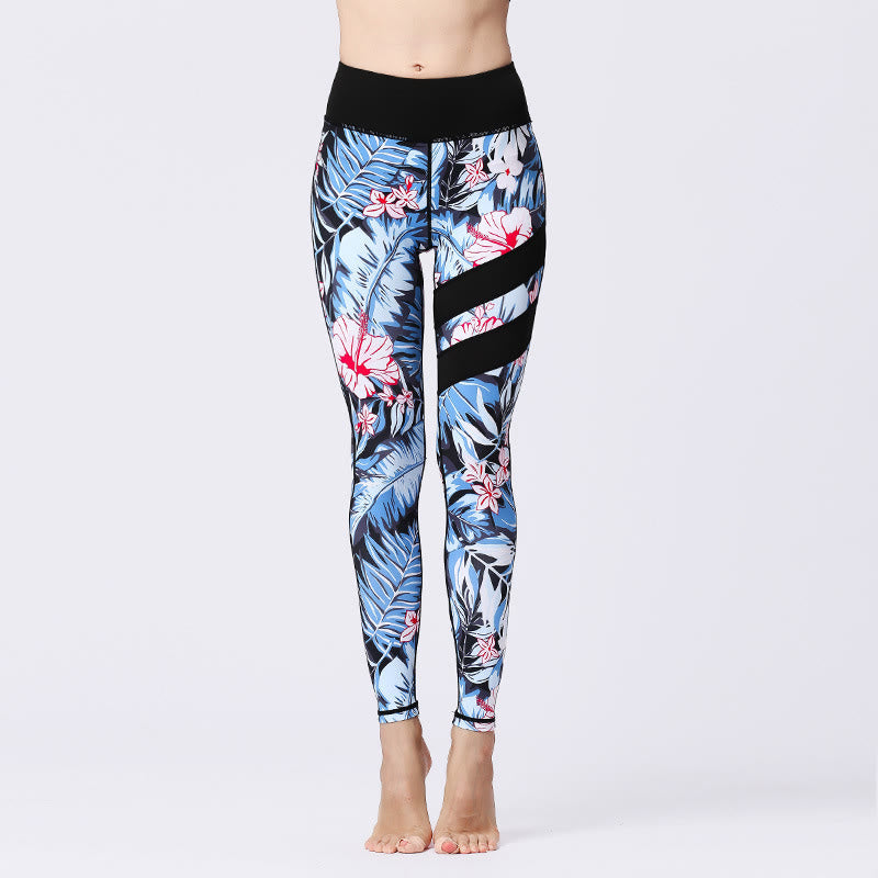 Buddha Stones Blumenblätter Drucken Sport Übung Fitness Hohe Taille Leggings Damen Yoga Hosen - Himmelblau - US8-10， UK/AU12-14，EU40-42 (XL) - image 1