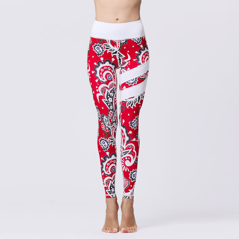 Buddha Stones Blumenblätter Drucken Sport Übung Fitness Hohe Taille Leggings Damen Yoga Hosen - Rot - US8-10， UK/AU12-14，EU40-42 (XL) - image 35
