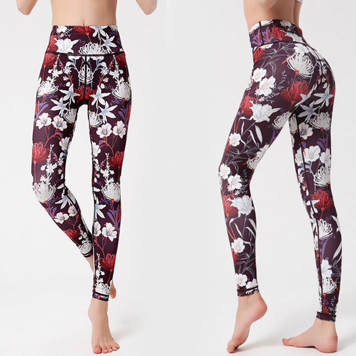 Buddha Stones Leggings mit buntem Blütenblatt- und Blätterprint, hochgeschnitten, ideal für Sport, Fitness und Yoga – Damen-Yogahose - Bräunen - US 8-10, UK/AU 12-14, EU 40-42 (XL)  - image 0