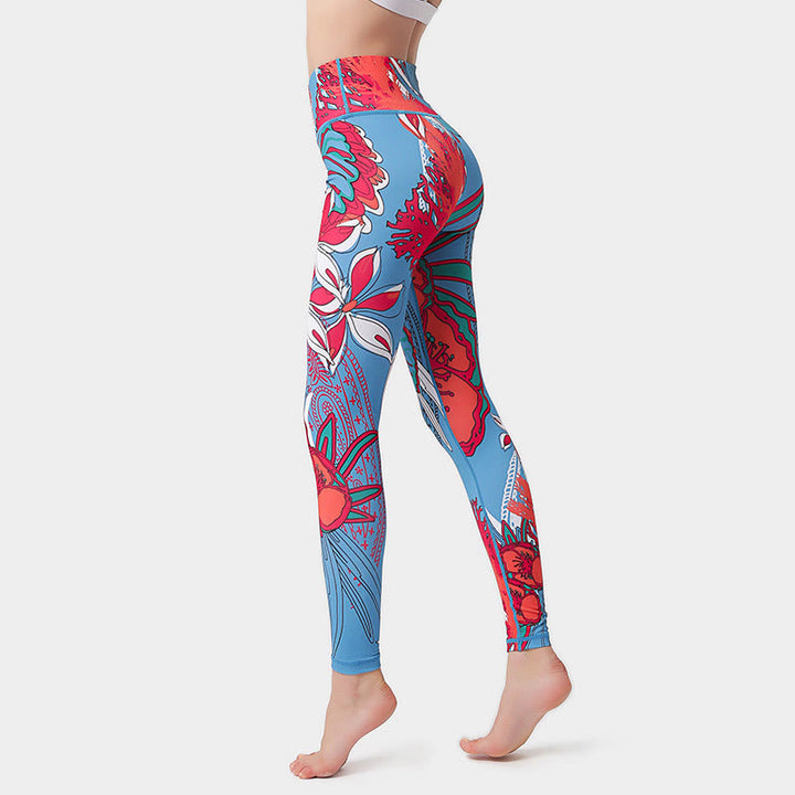 Buddha Stones Leggings mit buntem Blütenblatt- und Blätterprint, hochgeschnitten, ideal für Sport, Fitness und Yoga – Damen-Yogahose - Purpurrot - US 8-10, UK/AU 12-14, EU 40-42 (XL)  - image 13