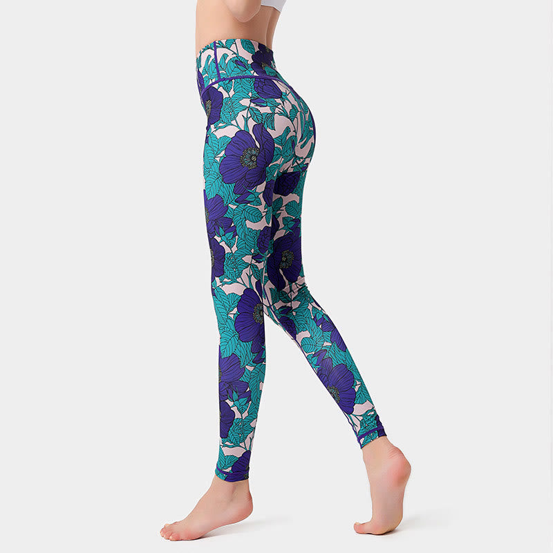 Buddha Stones Leggings mit buntem Blütenblatt- und Blätterprint, hochgeschnitten, ideal für Sport, Fitness und Yoga – Damen-Yogahose - Helltürkis - US 8-10, UK/AU 12-14, EU 40-42 (XL)  - image 24