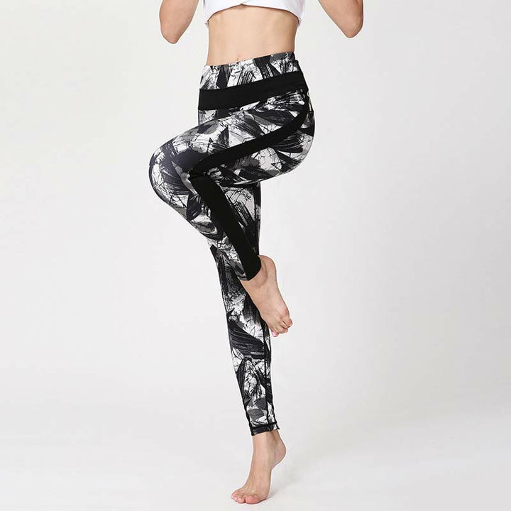 Buddha Stones Weiße Schwarze Tintenpinsel Linien Druck Sport Fitness Mesh Leggings Damen Yoga Hosen