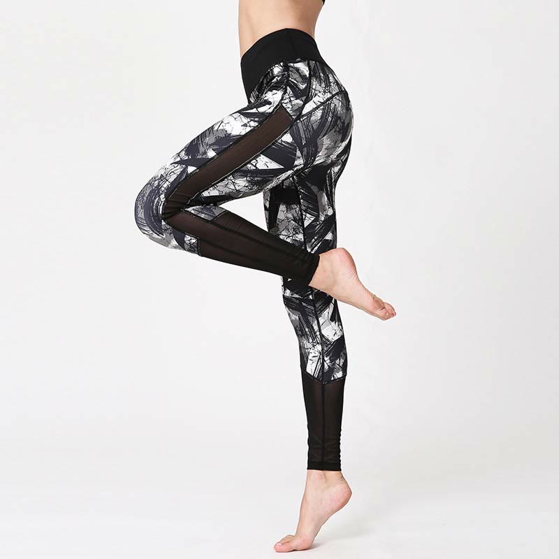 Buddha Stones Weiße Schwarze Tintenpinsel Linien Druck Sport Fitness Mesh Leggings Damen Yoga Hosen