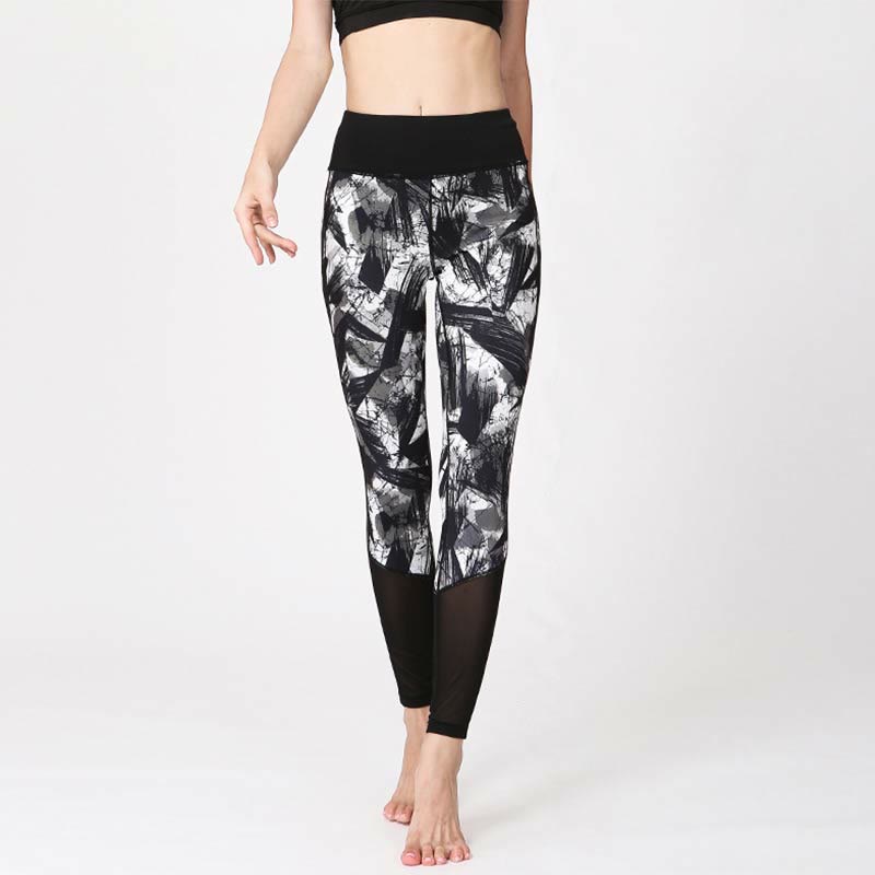 Buddha Stones Weiße Schwarze Tintenpinsel Linien Druck Sport Fitness Mesh Leggings Damen Yoga Hosen - Schwarze weiße Linien - US8-10， UK/AU12-14，EU40-42 (XL) - image 0