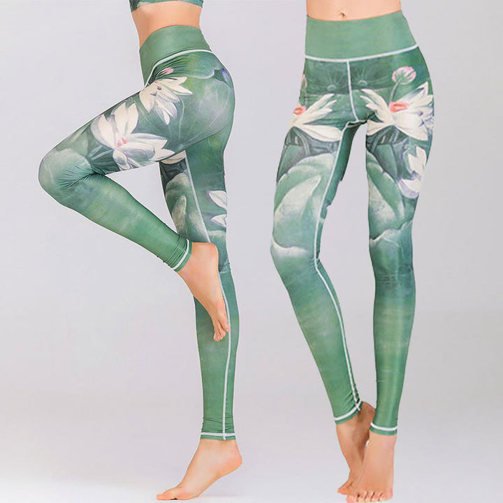 Buddha Stones Lotus Kirschblüte Farbverlauf Pfauendruck Lycra Stoff Fitness Leggings Damen Yogahose