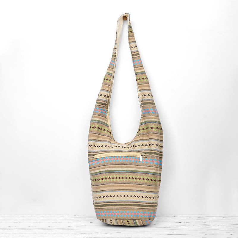 Buddha Stones Khaki Braun Geometrisches Streifenmuster Baumwolle Umhängetasche Schultertasche