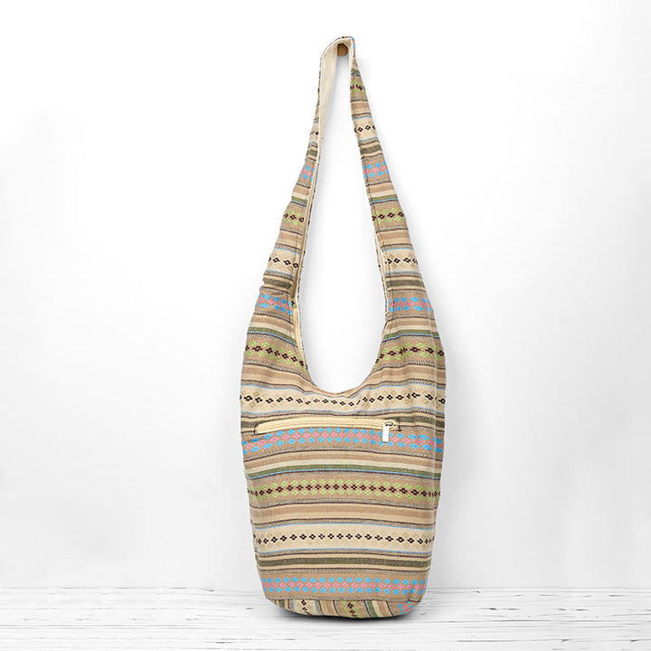 Buddha Stones Khaki Braun Geometrisches Streifenmuster Baumwolle Umhängetasche Schultertasche