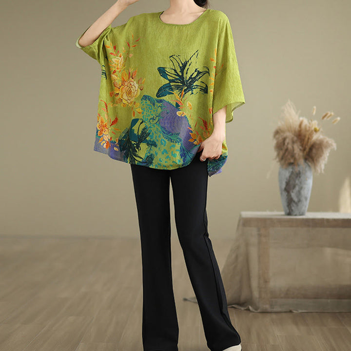 Buddha Stones Gelb Grün Blumen Dreiviertelärmel Leinen T-Shirt Tee - image 12