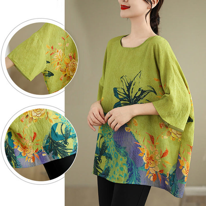 Buddha Stones Gelb Grün Blumen Dreiviertelärmel Leinen T-Shirt Tee - image 10