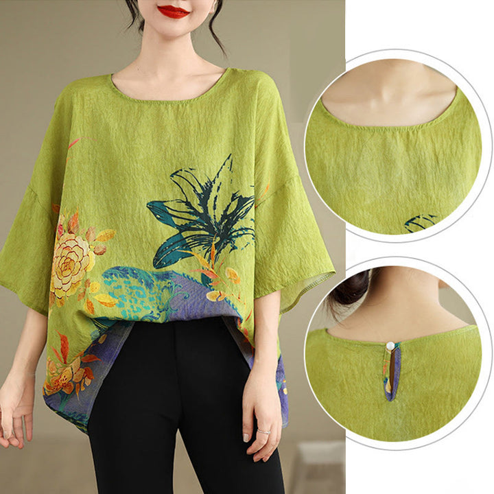 Buddha Stones Gelb Grün Blumen Dreiviertelärmel Leinen T-Shirt Tee - image 9