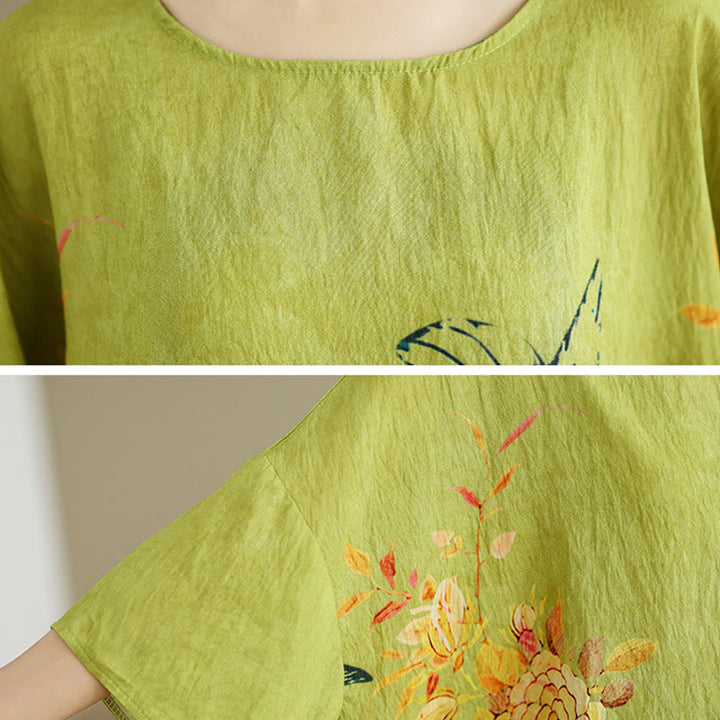 Buddha Stones Gelb Grün Blumen Dreiviertelärmel Leinen T-Shirt Tee - image 6