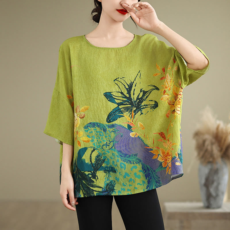 Buddha Stones Gelb Grün Blumen Dreiviertelärmel Leinen T-Shirt Tee - image 4