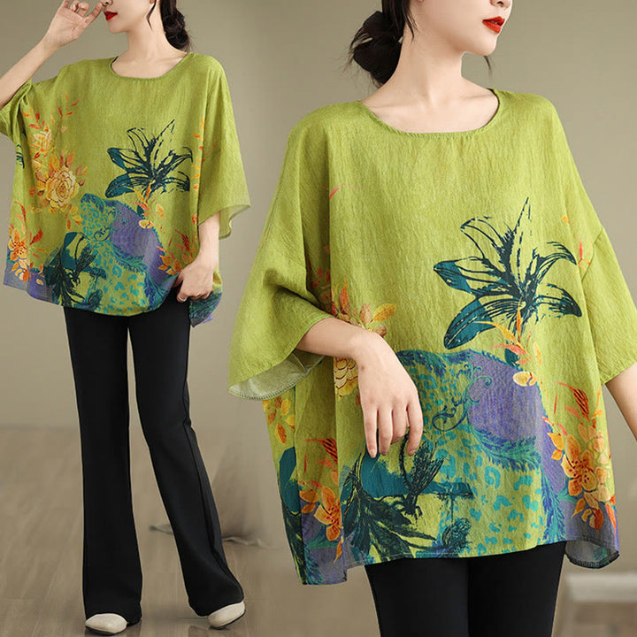 Buddha Stones Gelb Grün Blumen Dreiviertelärmel Leinen T-Shirt Tee - image 11
