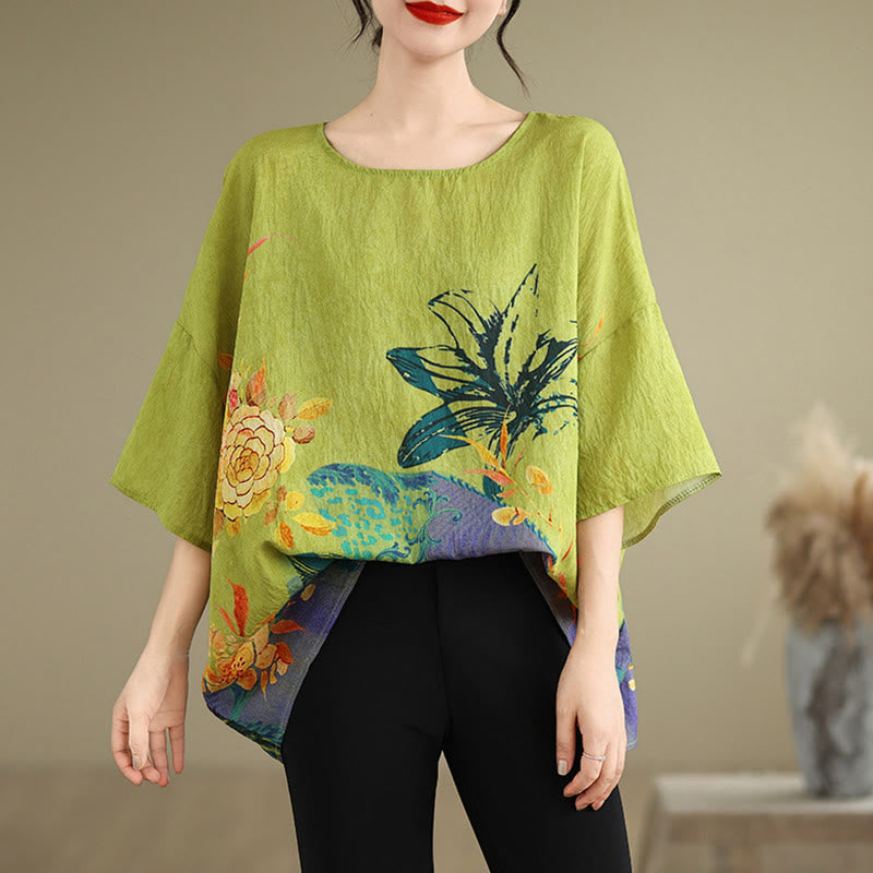 Buddha Stones Gelb Grün Blumen Dreiviertelärmel Leinen T-Shirt Tee - image 2