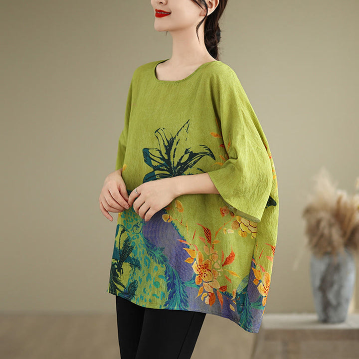 Buddha Stones Gelb Grün Blumen Dreiviertelärmel Leinen T-Shirt Tee - image 3