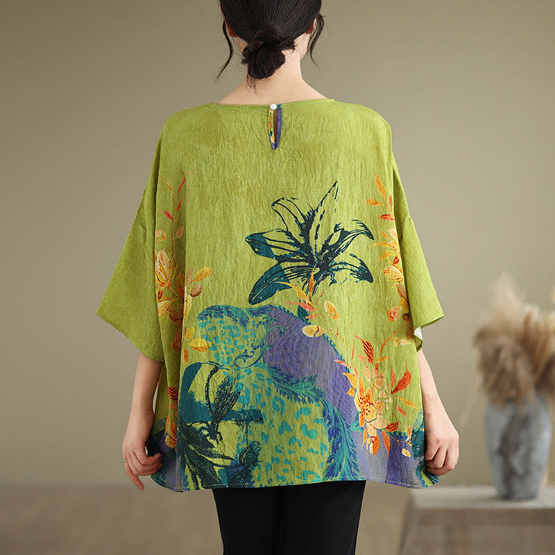 Buddha Stones Gelb Grün Blumen Dreiviertelärmel Leinen T-Shirt Tee - image 1