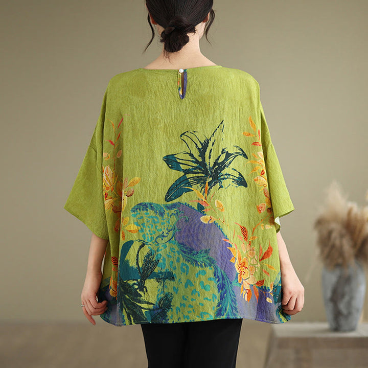 Buddha Stones Gelb Grün Blumen Dreiviertelärmel Leinen T-Shirt Tee - image 1