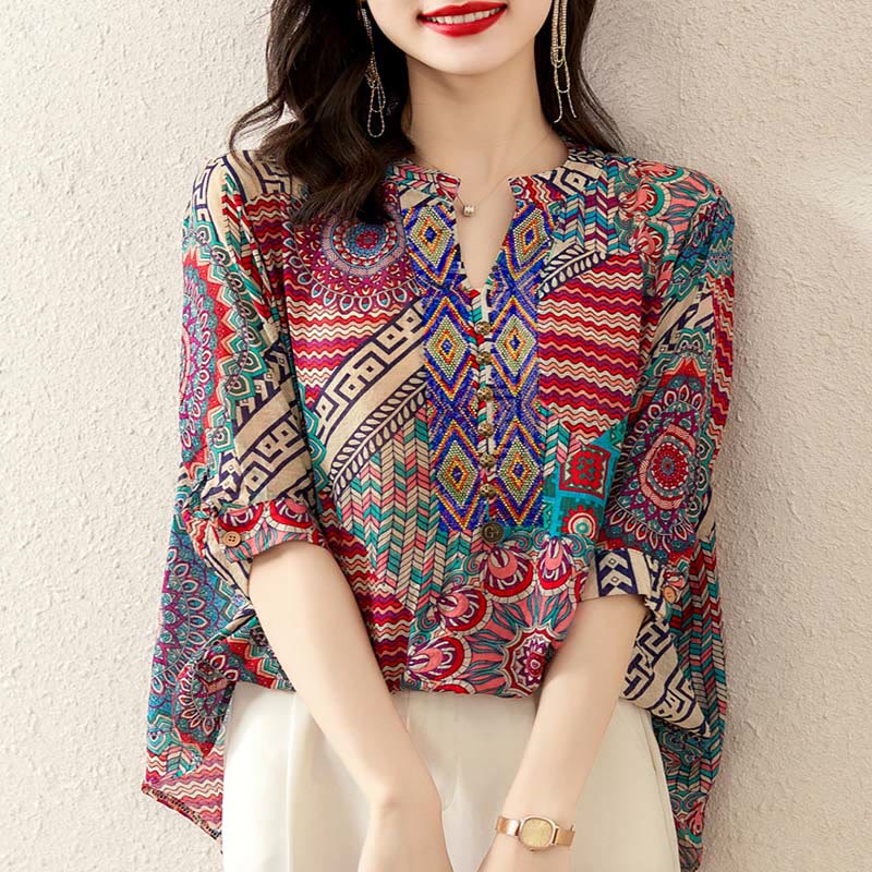 Buddha Stones Damen Mandala Geometrie Halb Knopf Shirt - image 1