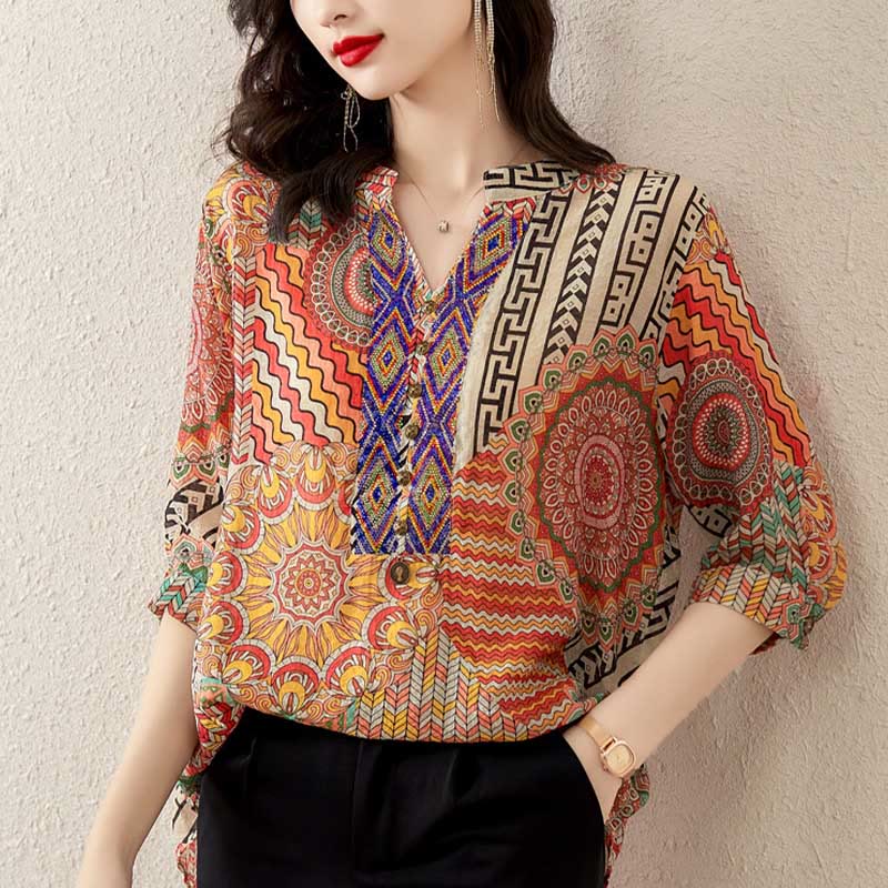 Buddha Stones Damen Mandala Geometrie Halb Knopf Shirt - SandyBrown - US16, UK/AU20, EU48 (3XL) - image 12
