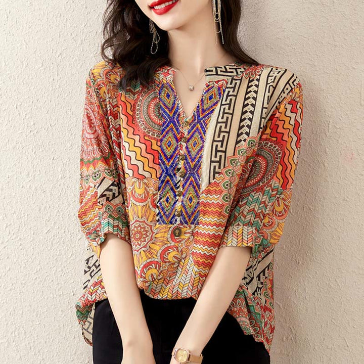 Buddha Stones Damen Mandala Geometrie Halb Knopf Shirt